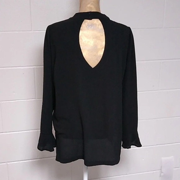 SHE + SKY COTTON CREPE, TUNIC BLOUSE, CUT OUTS, RUFFLE LONG SLEEVE, SIDE VENTS - Picture 2 of 6